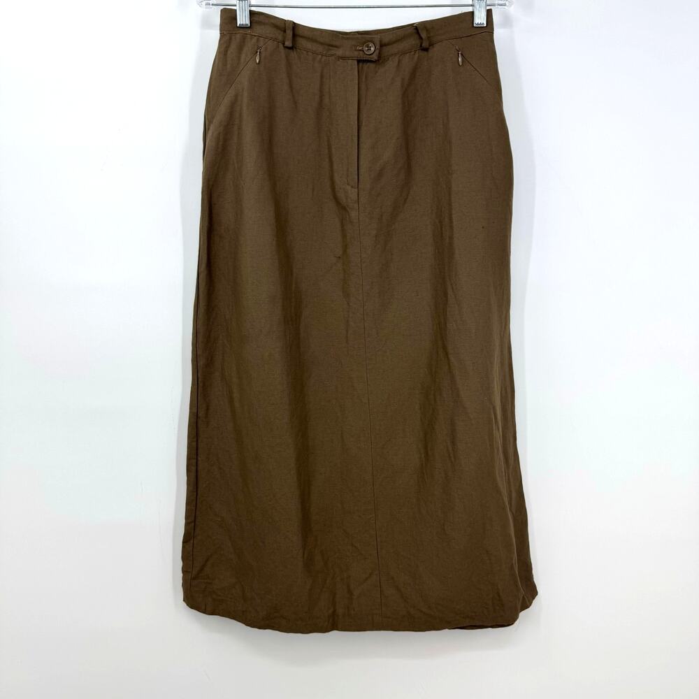 VTG Barry Bricken Mark Shale Linen Midi Skirt 14 M Brown Western Boho Lagenlook